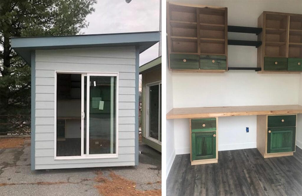ShedQuaters; One room nano unit; shelves and drawers inside