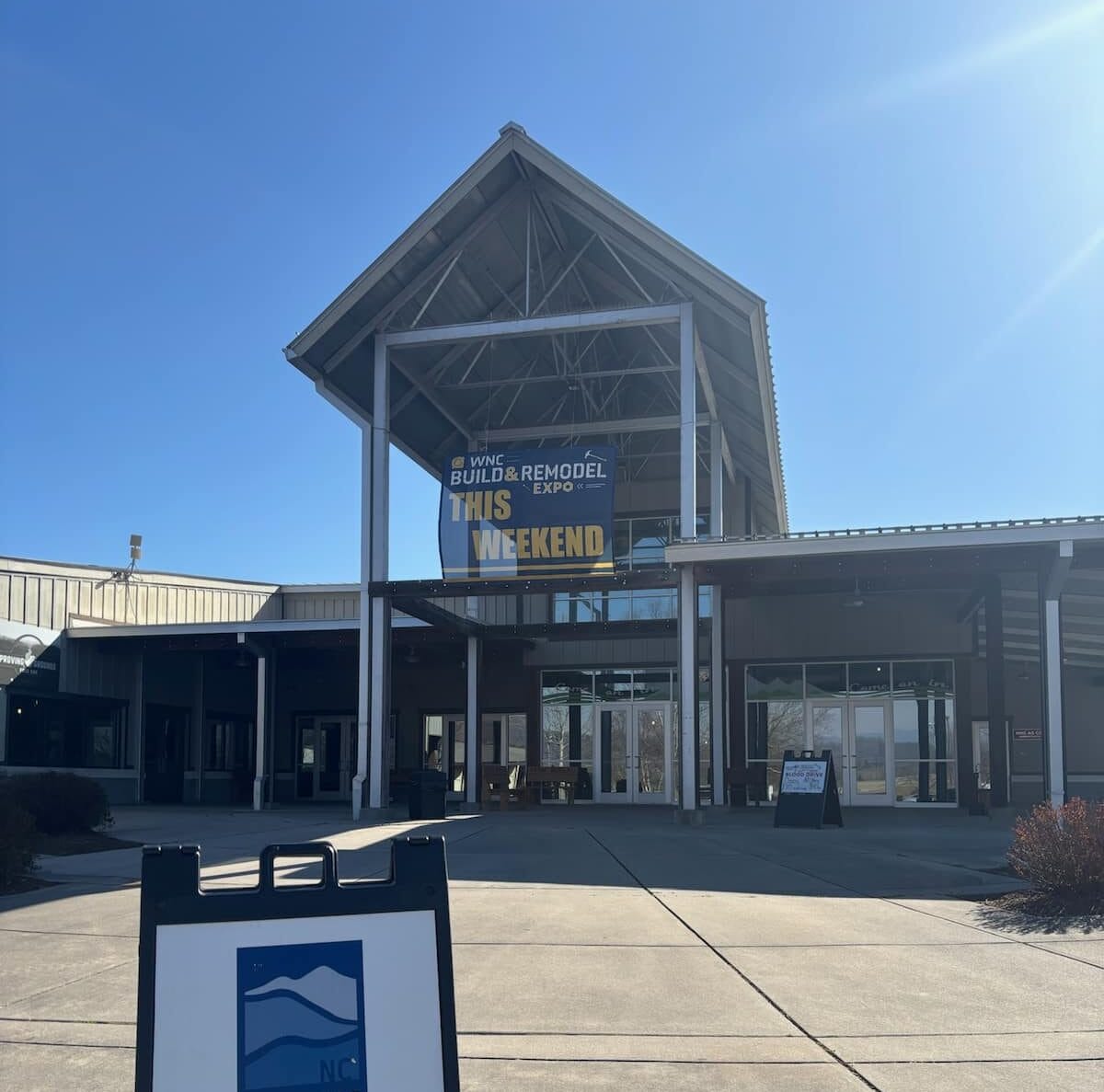 WNC Ag Center outside, set up for Build & Remodel Expo
